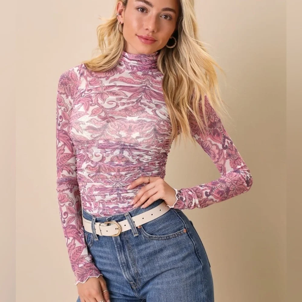 Free People X REVOLVE Under It All Bodysuit Ruched Long Sleeve Peony Combo XS